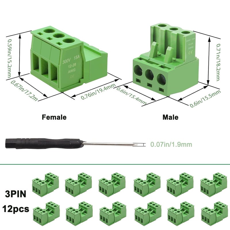 Tnisesm 12Pcs 3 Pin Screw Terminal Block Connector 5.08mm Pitch Pluggable with 3 Pin Phoenix Plug 300V 15A for 28-12AWG Cable - Image 2